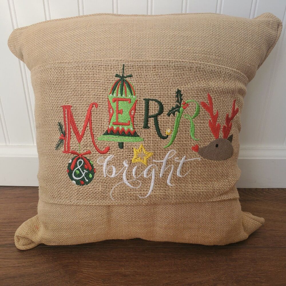 Mud Pie Merry & Bright Christmas Jute Pillow 16x16